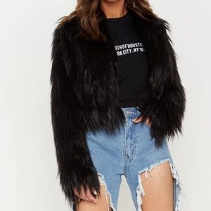 Prettylittlething liddie black faux fur shaggy cropped jacked